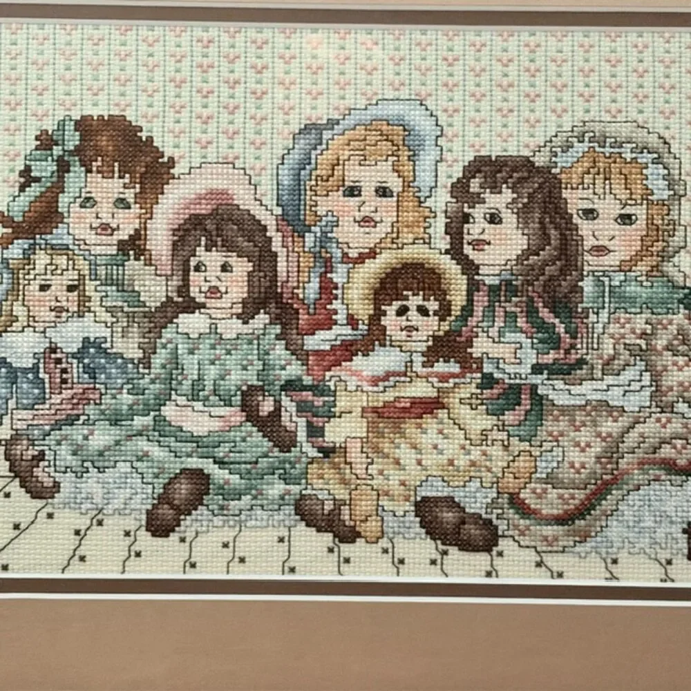 Framed Antique Doll Counted Cross Stitch Rustic Wood Frame 16x12 Handmade
